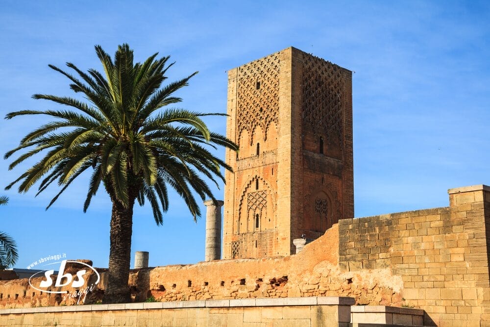 Un'alta torre di pietra ornata si erge accanto a una grande palma in un cielo azzurro e limpido, con vecchi muri di mattoni e colonne in primo piano: una scena iconica del Marocco, spesso presente nelle esperienze esclusive di Tesori del Marocco Tour Privato.