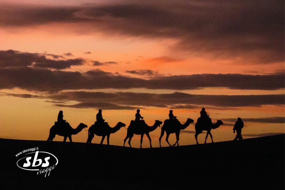 Silhouette di persone che cavalcano cammelli in fila attraverso dune di sabbia al tramonto, sotto un cielo arancione e viola. Una persona guida i cammelli, evocando lo spirito di un tour Best of Morocco. Il logo "SBS viaggi" appare nell'angolo in basso a sinistra.