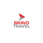 Logo Bravo Travel con una forma astratta rossa e grigia sopra le parole "BRAVO" in rosso e "TRAVEL" in grigio, il tutto su sfondo bianco.