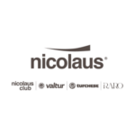 Logo di "nicolaus" con una linea curva sopra il testo. Sotto ci sono quattro loghi più piccoli: "nicolaus club", "valtur" con il simbolo del sole, "turchese" con il simbolo dell'onda e "RARO".