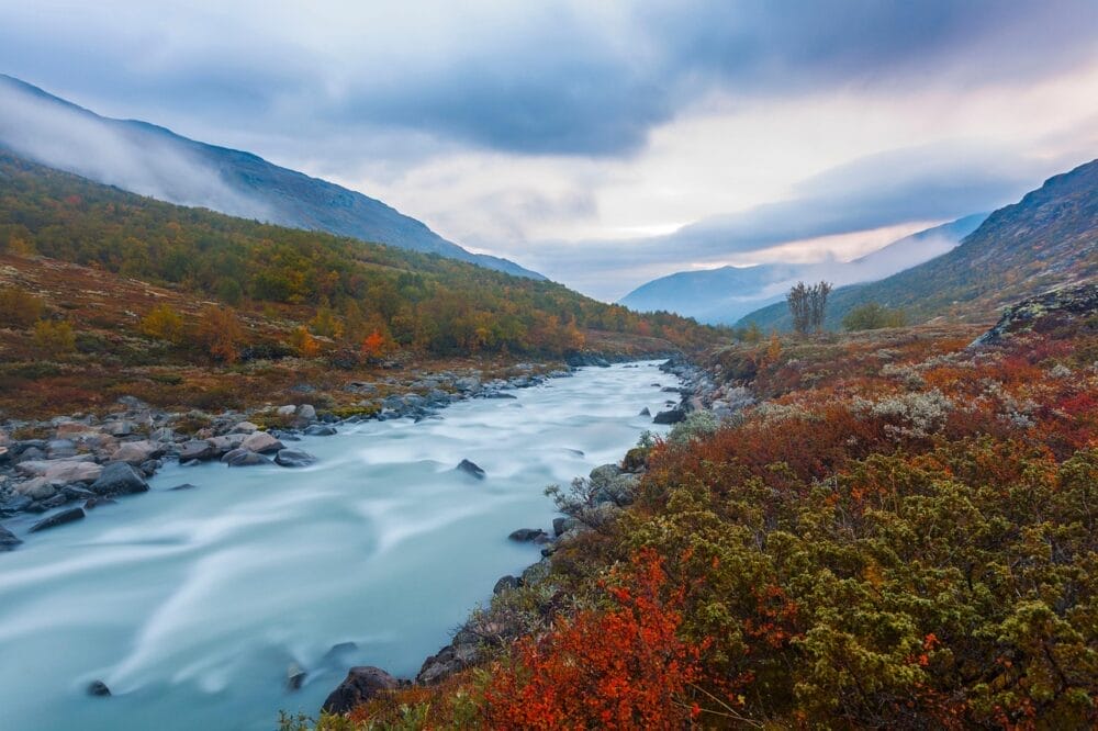 Un fiume scenografico scorre in una valle lussureggiante con fogliame autunnale e sponde rocciose, circondato da montagne sotto un cielo nuvoloso e nebbioso: una vera Bozza automatica dell'arte della natura.
