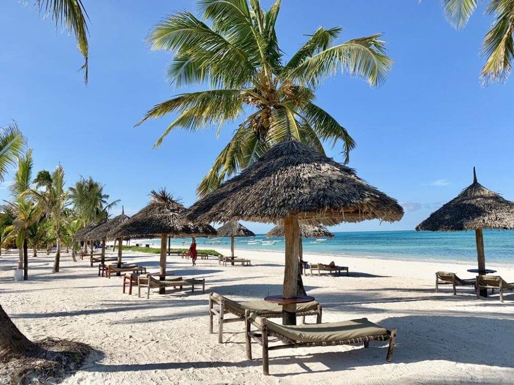 Una spiaggia tropicale con sabbia bianca, palme e ombrelloni di paglia offre un'atmosfera rilassante a Bozza automatica. I lettini in legno si affacciano su un mare calmo e turchese, sotto un cielo azzurro brillante, mentre poche persone passeggiano lungo la riva lontana.