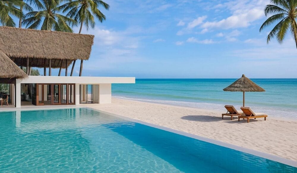 Un resort di lusso in stile Seaclub sulla spiaggia di Nungwi, con tetto di paglia, piscina a sfioro, sedie a sdraio sotto un ombrellone di paglia sulla sabbia bianca, acque turchesi e palme ondeggianti sotto un cielo azzurro.