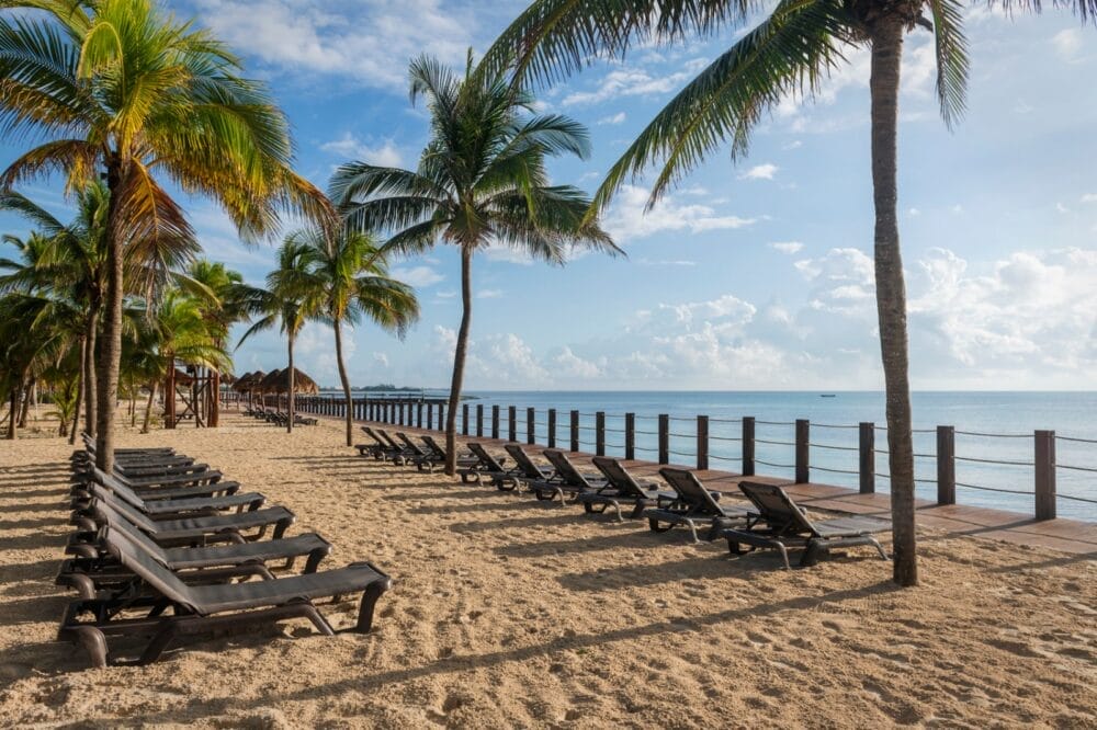 File di sedie a sdraio vuote su una spiaggia sabbiosa fiancheggiata da palme si affacciano sull'oceano calmo dell'Ocean Maya Royale Searesort, sotto un cielo blu brillante con nuvole sparse. Una staccionata di legno corre lungo il bordo della spiaggia.
