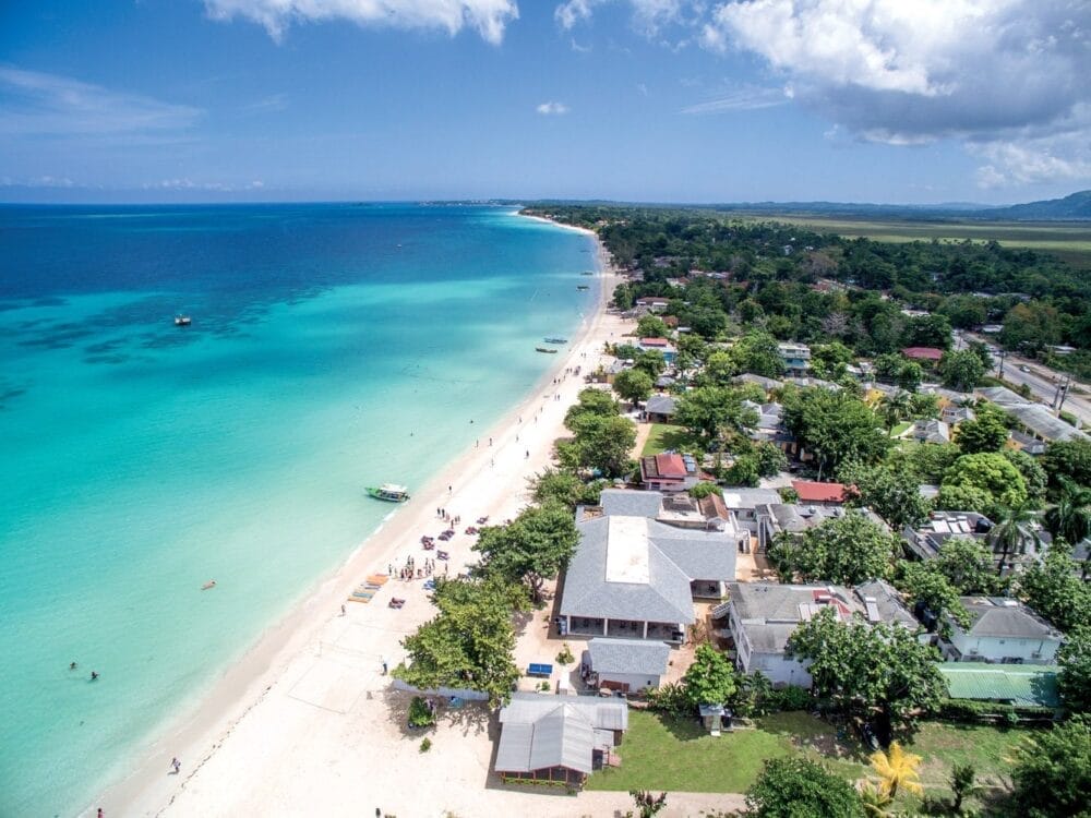 Veduta aerea di una spiaggia tropicale a Negril con acqua turchese, sabbia bianca e persone che si rilassano. Piccole barche galleggiano vicino alla riva, mentre alberi verdi ed edifici di resort, tra cui il Veraclub Negril, costeggiano la costa sotto un cielo parzialmente nuvoloso.