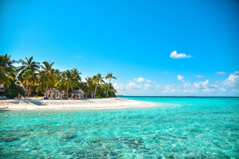 La spiaggia tropicale del Reethi Faru Resort è caratterizzata da acque limpide e turchesi, sabbia bianca e palme sotto un cielo blu brillante con nuvole sparse. Gli incantevoli cottage sono incastonati tra le palme di questo lussuoso resort isolano.