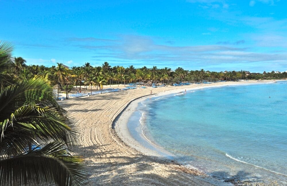 Un'ampia spiaggia sabbiosa con onde dolci, acqua cristallina e palme che costeggiano la riva sotto un cielo azzurro brillante. In lontananza, alcune persone passeggiano vicino al lussuoso Varadero Resort, godendosi la tranquillità dell'ambiente.