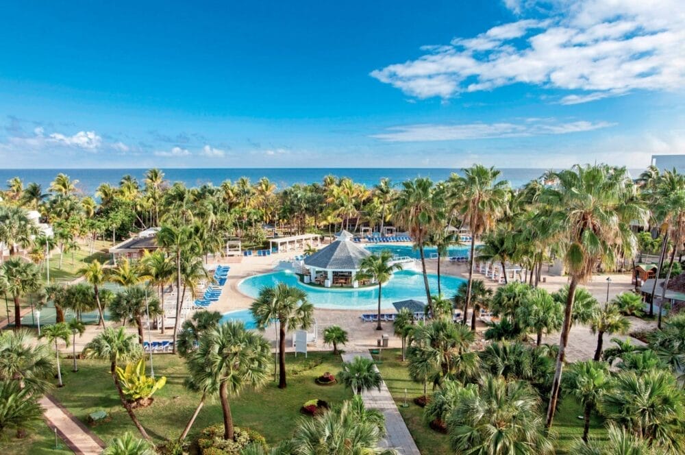Sol Palmeras è un resort tropicale con palme, una grande piscina con swim-up bar, sedie a sdraio e una splendida vista sull'oceano sotto un cielo blu con nuvole sparse.