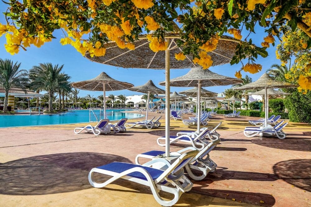 Scena a bordo piscina del Bravo Fantazia Resort con sedie a sdraio vuote sotto ombrelloni di paglia, circondate da fiori gialli, palme e acqua cristallina in una giornata di sole.