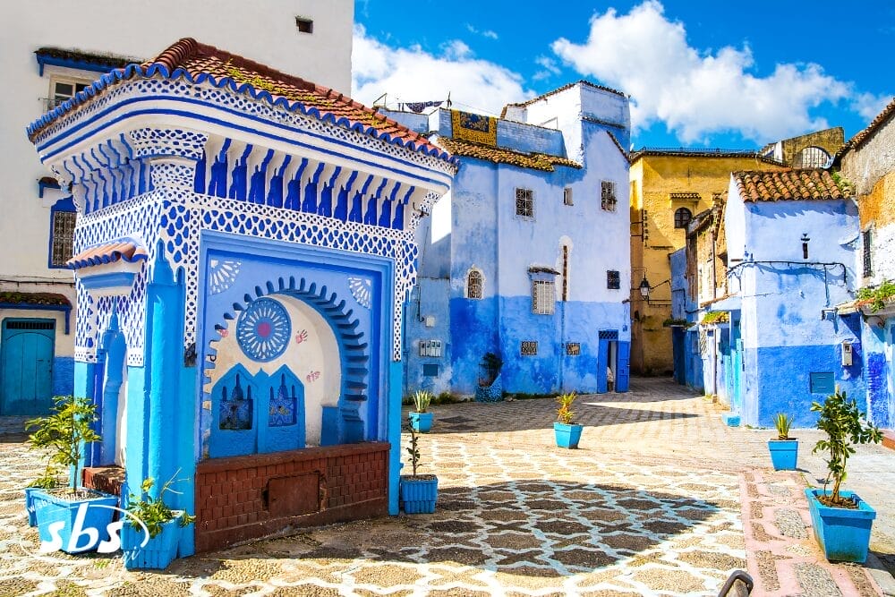 Una vivace piazza di Chefchaouen, in Marocco, presenta edifici dipinti di blu ispirati ai Borghi Andalusi, una fontana decorativa bianca e blu, piante in vaso e un camminamento in pietra a motivi sotto un cielo luminoso e parzialmente nuvoloso.