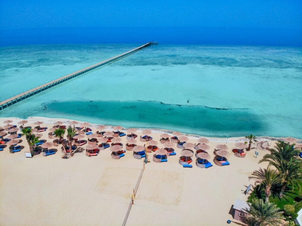 Vista aerea della spiaggia sabbiosa del Blue Reef con file di ombrelloni e sedie a sdraio, acqua limpida e turchese, palme e un lungo molo che si protende nel mare calmo sotto un cielo blu brillante. Vivete tutto questo con la comodità di Bravo Smart.