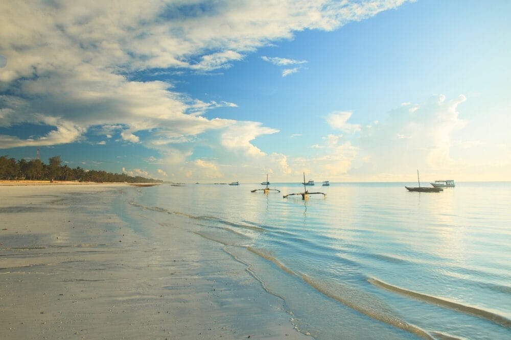 Una serena scena di spiaggia con acque calme e poco profonde e tradizionali barche di legno che galleggiano vicino alla riva, che cattura l'atmosfera tranquilla di Seaclub. Onde delicate lambiscono la sabbia sotto un cielo azzurro, mentre gli alberi delineano l'orizzonte lontano in Style Kole Kole.