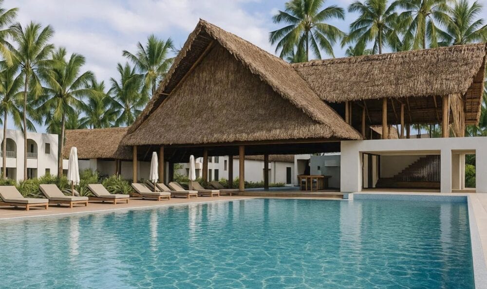 Un resort con una grande piscina di fronte a un edificio con tetto in paglia sulla spiaggia di Nungwi, circondato da palme. Sedie a sdraio e ombrelloni costeggiano il ponte della piscina, mentre sullo sfondo si intravedono i moderni edifici bianchi in stile Seaclub.