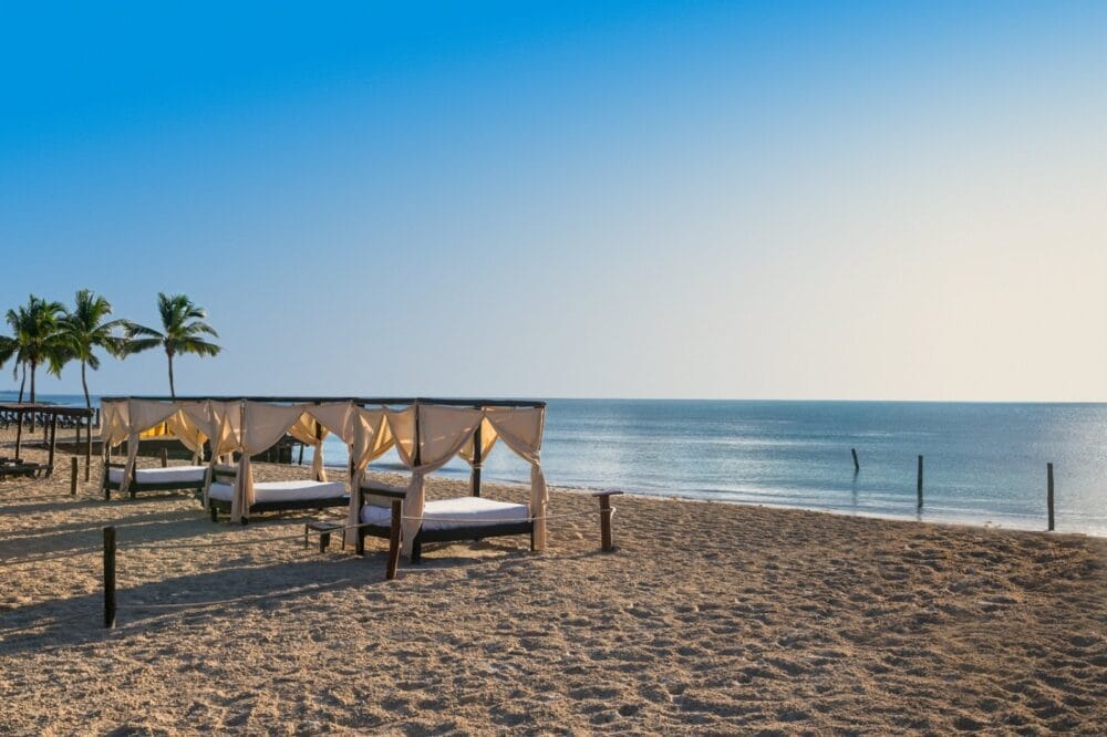 Lussuosi letti a baldacchino con drappi bianchi costeggiano la spiaggia sabbiosa del Searesort, di fronte a un mare calmo e trasparente. Palme e un molo di legno completano questa tranquilla fuga dell'Ocean Maya Royale sotto un cielo azzurro e limpido.