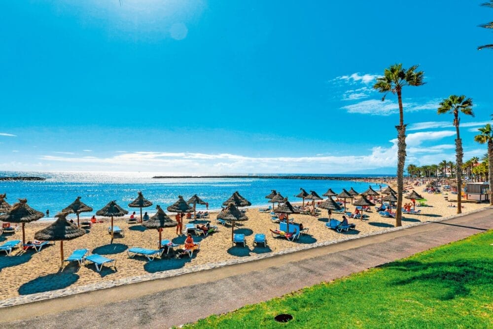 Una scena di sole sulla spiaggia con ombrelloni di paglia, sedie a sdraio blu e persone che si rilassano vicino alla riva. Le palme costeggiano la spiaggia del Park Club Europe, mentre il mare calmo scintilla sotto un cielo blu brillante.