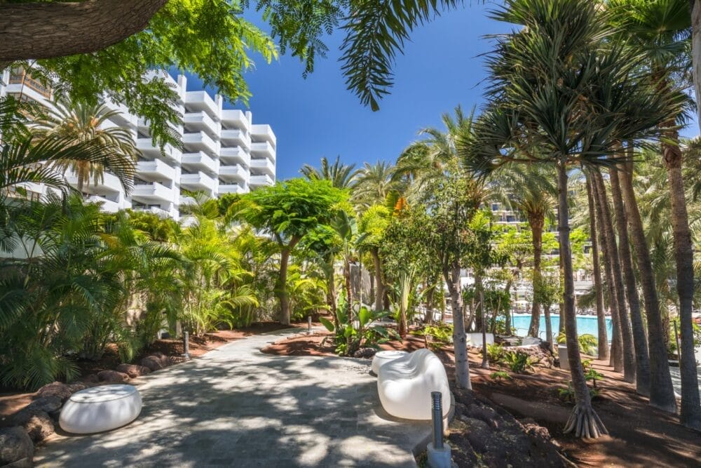 Un giardino illuminato dal sole con alte palme, piante verdi, moderne panchine bianche e una passerella pavimentata, con l'edificio bianco e la piscina del Barcelò Margaritas Seaclub visibili sullo sfondo sotto un cielo azzurro.