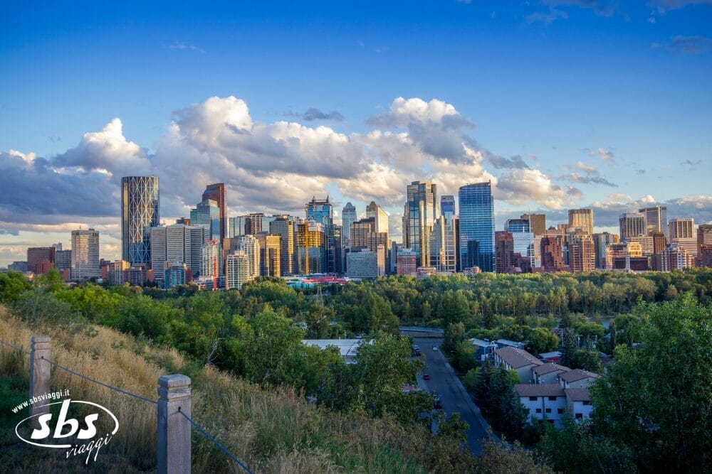 Un vivace skyline di città con moderni grattacieli sotto un cielo azzurro con nuvole sparse, visto da un parco verde, Bozza automatica che evidenzia il connubio tra vita urbana e natura con alberi e tetti residenziali in primo piano.