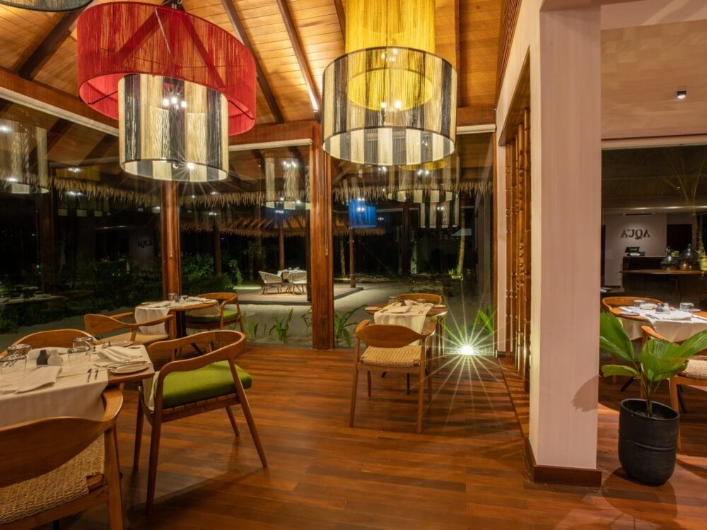 Interni eleganti del ristorante con pavimenti in legno, grandi finestre e tavoli illuminati con luce calda. Dal soffitto pendono moderne luci a sospensione, mentre la vegetazione lussureggiante è visibile al di fuori delle pareti di vetro del Whale Lagoon by Barceló.