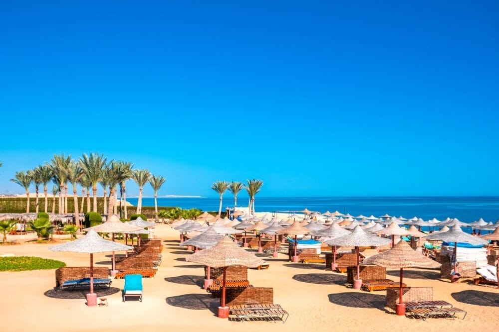 La spiaggia assolata del Bravo Gemma Beach Resort è caratterizzata da file di ombrelloni di paglia e sedie a sdraio sulla sabbia dorata. Le palme fanno da sfondo al cielo azzurro e al mare turchese. La scena è luminosa e invitante.