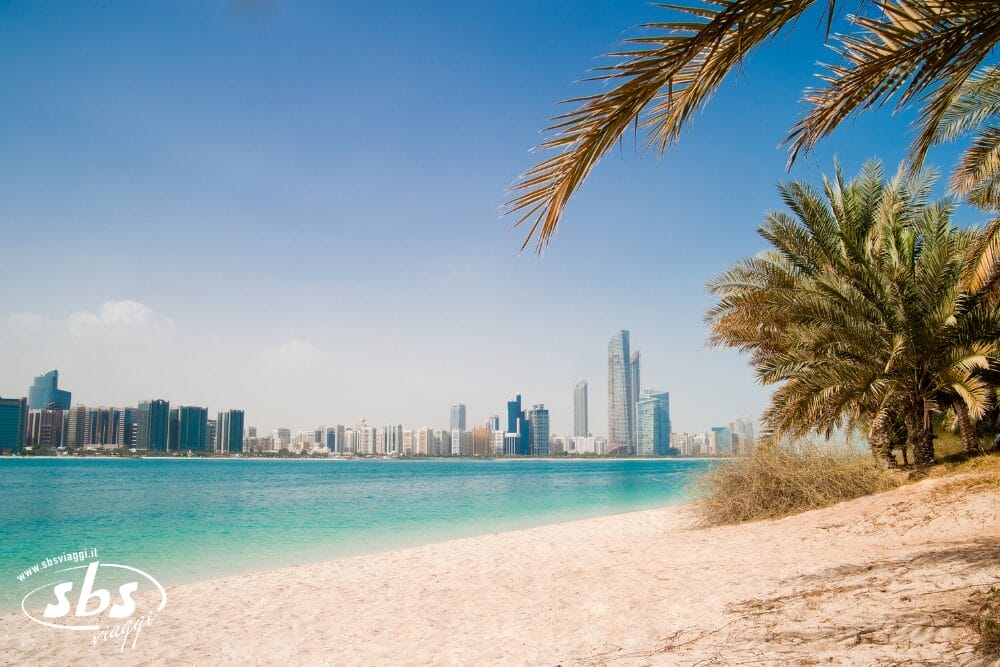Una spiaggia sabbiosa con acqua turchese, palme ed erba secca in primo piano incornicia la costa di Mare Ras Al Khaimah. Dall'altra parte dell'acqua, una città moderna con alti edifici si erge sotto un cielo azzurro e limpido.