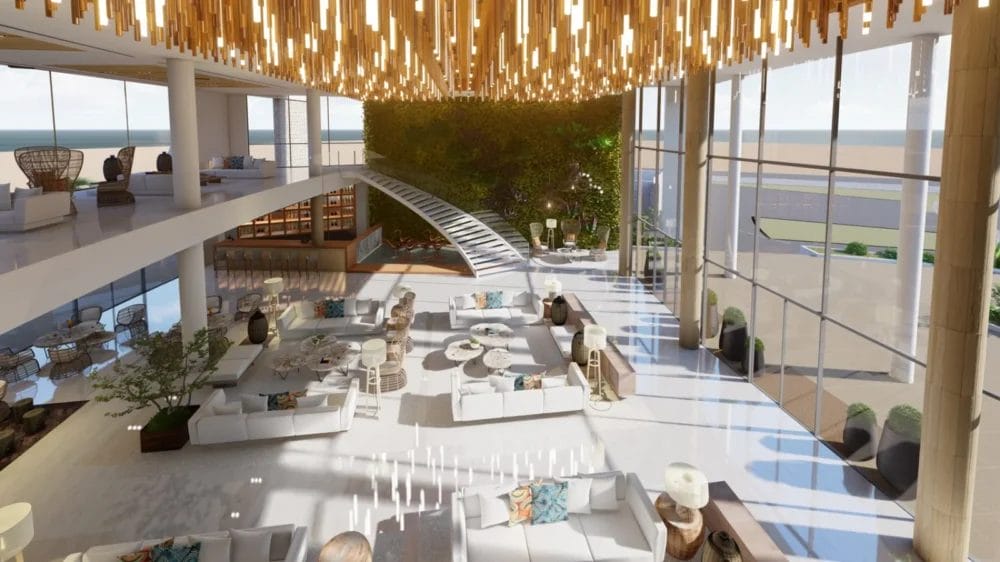 Ampia e moderna hall dell'hotel Seaclub Royal Horizon con aree salotto bianche, grandi finestre a tutta altezza, una parete di verde, una scala galleggiante e luci a sospensione in legno, situata vicino a Ponta Sino.