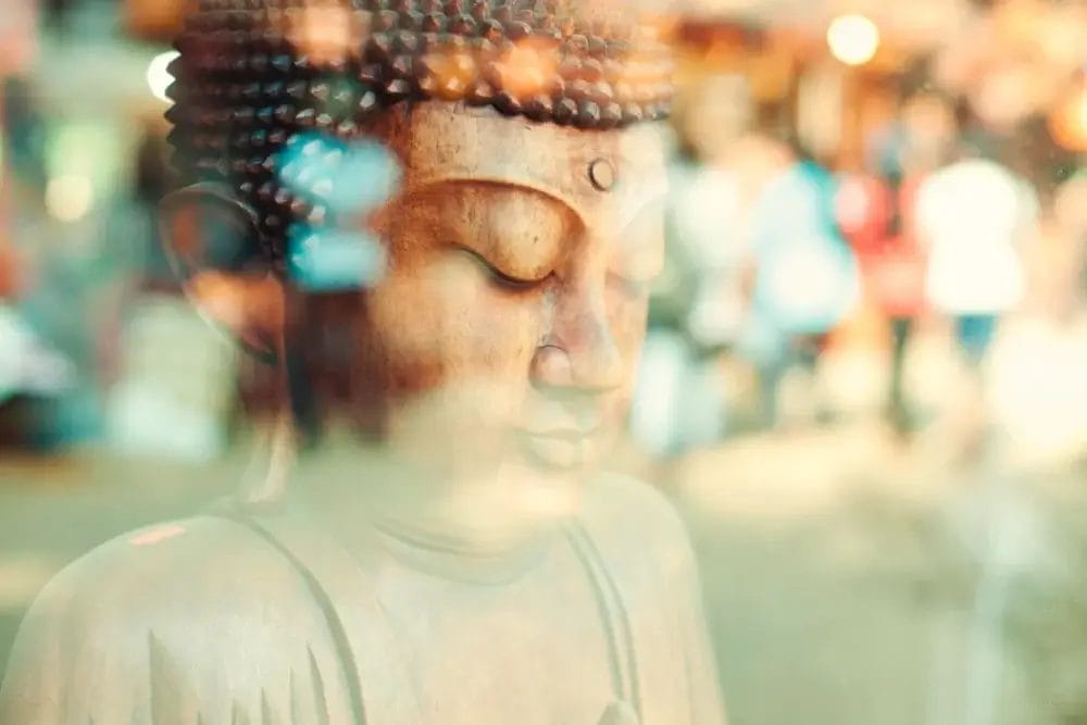 Primo piano di una serena statua di Buddha con gli occhi chiusi, vista attraverso una vetrata che riflette luci soffuse e sfocate e persone sullo sfondo, mescolando natura e spirito per creare un'atmosfera pacifica e contemplativa.