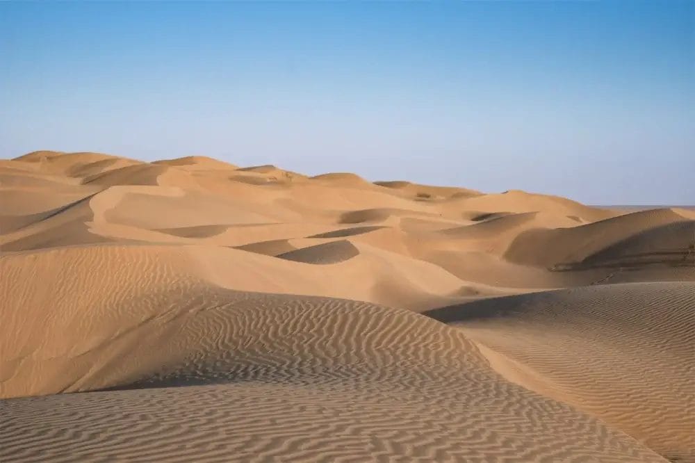 Dune di sabbia dorata si estendono in un paesaggio desertico sotto un cielo azzurro e limpido, con ombre delicate che evidenziano le increspature e le curve della sabbia: una scena serena catturata come una bozza automatica dell'arte della natura.
