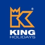 Logo con lettera "K" arancione stilizzata con corona su sfondo blu, sopra la scritta "KING HOLIDAYS" in bianco, tutta maiuscola: un emblema audace per vacanze indimenticabili.