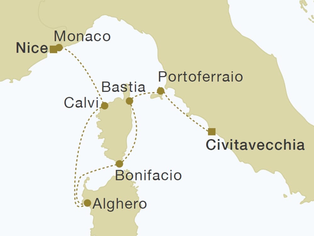 Mappa di un itinerario di viaggio - Bozza automatica - che collega Nizza, Monaco, Calvi, Bastia, Bonifacio, Alghero, Portoferraio e Civitavecchia lungo le splendide coste mediterranee di Francia, Italia e Corsica.