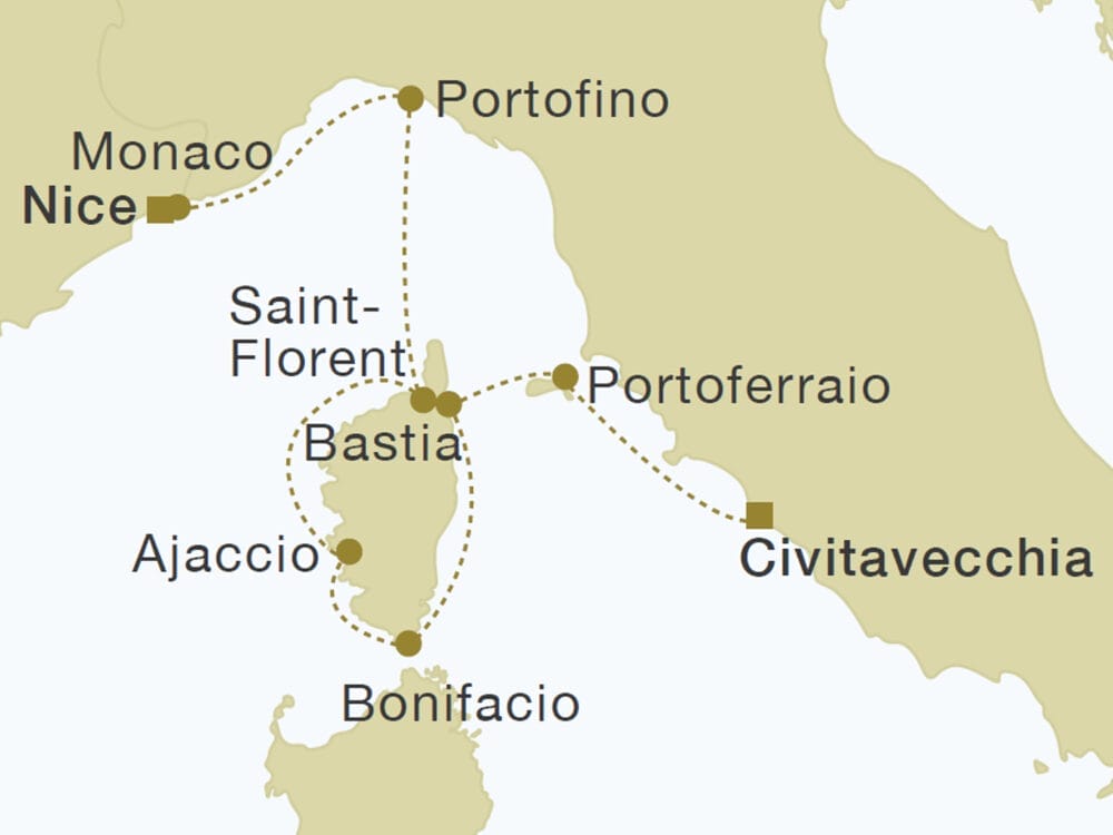 Una carta automatica Bozza del Mediterraneo nord-occidentale mostra un itinerario di viaggio che collega Nizza, Monaco, Portofino, Portoferraio, Civitavecchia, Bastia, Saint-Florent, Bonifacio e Ajaccio con linee tratteggiate.