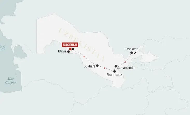 Carta dell'Uzbekistan che mostra un itinerario di viaggio da Urgench a Tashkent passando per Khiva, Bukhara, Shahrisabz e Samarcanda, con il Mar Caspio indicato a ovest. Bozza automatica inclusa per una rapida consultazione.