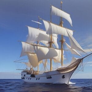 Un grande veliero bianco a tre alberi con le vele piene scivola sulle calme acque blu dell'oceano sotto un cielo limpido, come una Bozza automatica che si muove dolcemente in perfetta armonia con la natura.