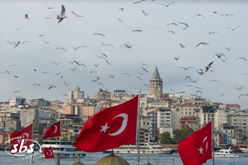 Bandiere turche rosse con mezzelune e stelle bianche sventolano in primo piano. Numerosi gabbiani sorvolano un paesaggio urbano con la storica Torre di Galata, edifici e imbarcazioni sottostanti, il tutto sotto un cielo nuvoloso, come una vibrante Bozza automatica in movimento.