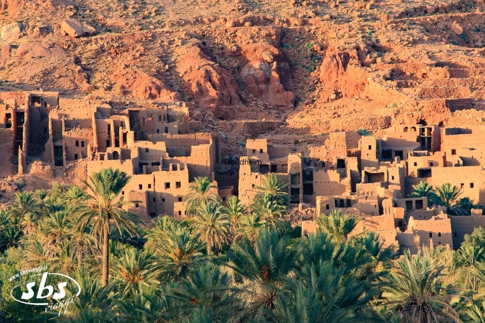 Un antico villaggio con edifici in mattoni di fango si trova alla base di colline rocciose e rossastre, circondato da palme verdeggianti sotto la luce del sole: una perfetta Bozza automatica che fonde il verde con l'arido terreno desertico.