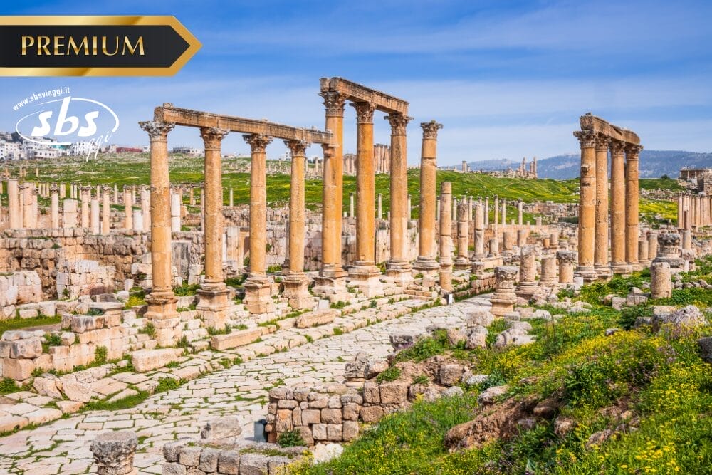 Antiche colonne di pietra e rovine formano una strada colonnata sotto un cielo blu, con erba verde e fiori di campo gialli in primo piano; i loghi "Bozza automatica", "PREMIUM" e "sbs" appaiono negli angoli dell'immagine.