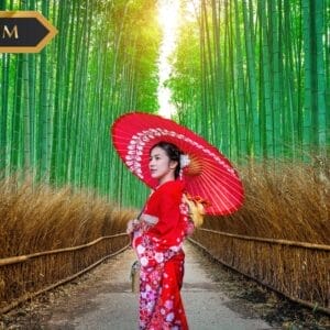 Una donna con un kimono rosso tiene un ombrellino rosso su un sentiero che attraversa una lussureggiante foresta di bambù verde. Negli angoli superiori compaiono la scritta "PREMIUM", il logo "sbs imajin" e l'etichetta Bozza automatica.