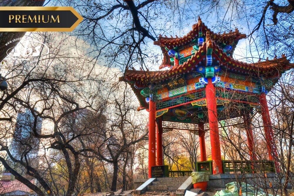 Un colorato padiglione tradizionale cinese con intagli ornamentali si erge tra alberi senza foglie sotto un cielo parzialmente nuvoloso, accompagnato da un'etichetta "Bozza automatica Premium" nell'angolo in alto a sinistra.