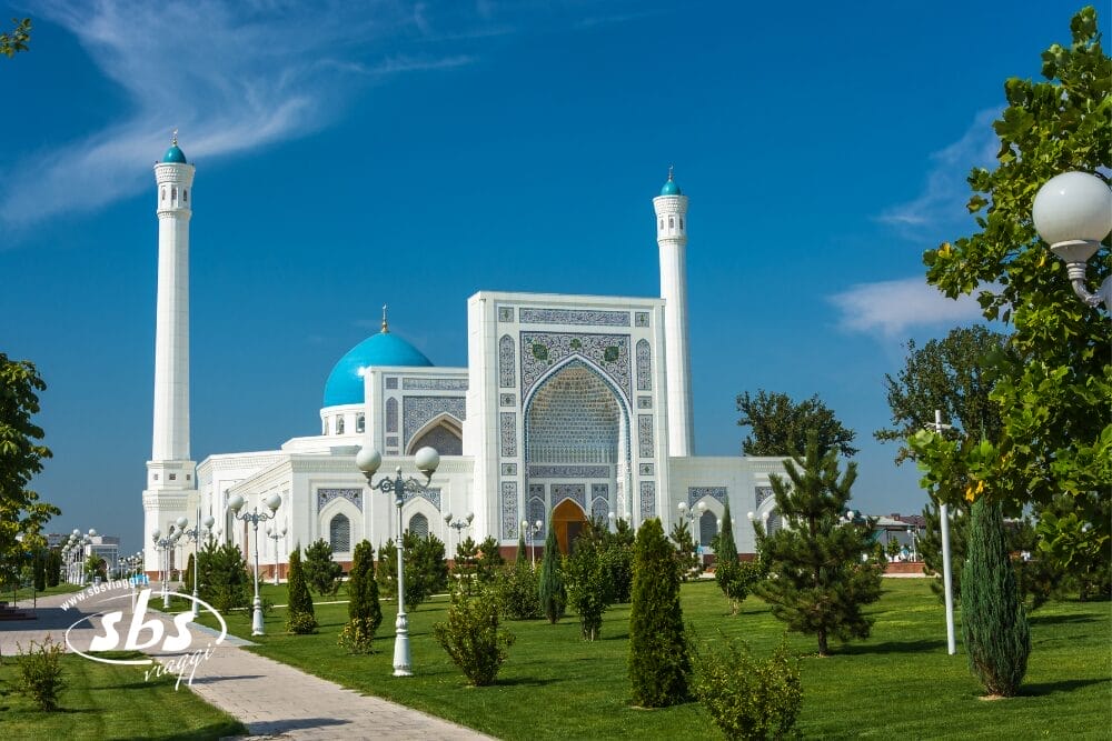 Una grande moschea bianca con una cupola blu e due alti minareti si erge tra giardini verdi sotto un cielo azzurro e limpido. L'ingresso è decorato con piastrelle ornamentali, mentre alberi e lampioni delimitano il percorso: un'impressionante Bozza automatica di grazia architettonica.