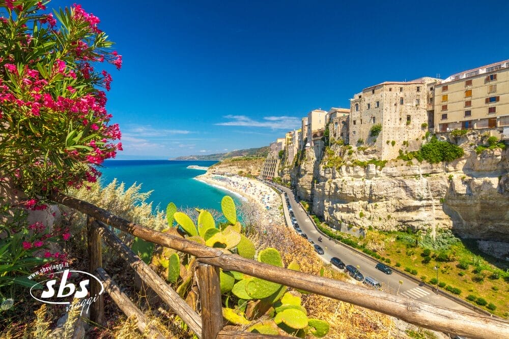 Vista panoramica di una costa con mare turchese, spiaggia sabbiosa, scogliere sormontate da edifici storici, piante in fiore, cactus in primo piano e un cielo azzurro e limpido: una vera bozza automatica di bellezza naturale.