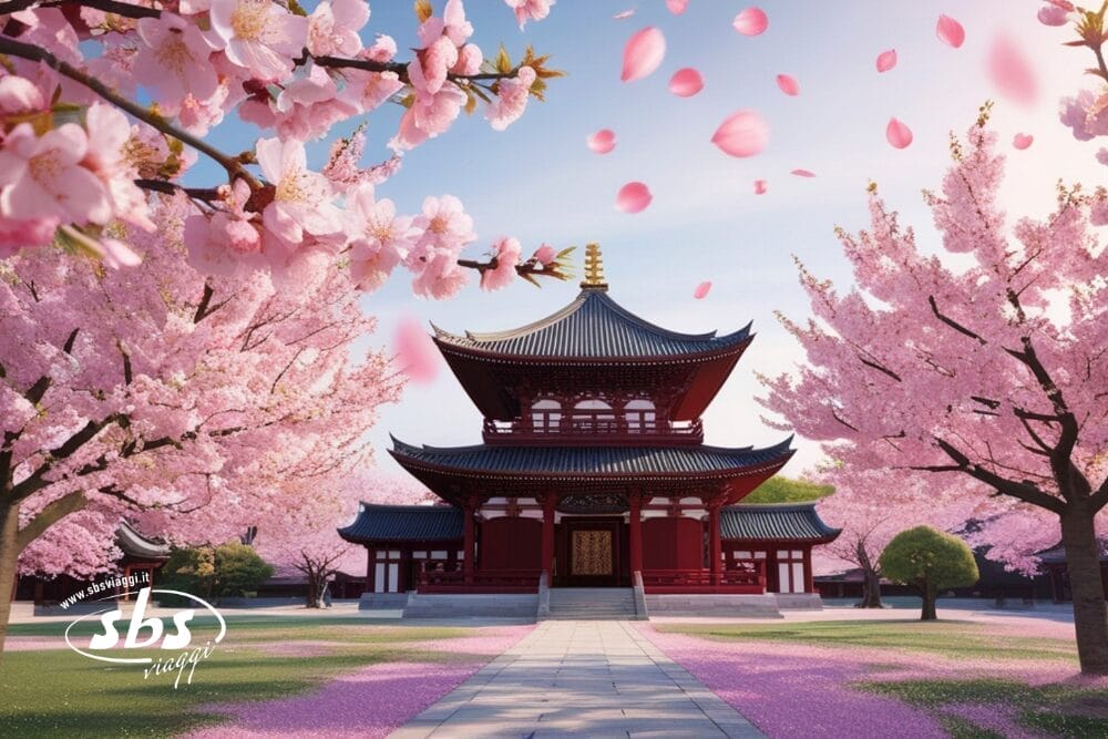 Un tradizionale tempio giapponese si erge circondato da alberi di ciliegio in fiore in Giappone, con petali rosa che cadono dolcemente sotto un cielo limpido. Il sentiero in pietra conduce al tempio, perfetto per una visita in libertà tra i vibranti paesaggi primaverili.