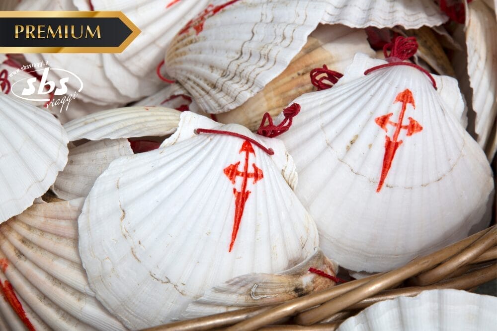 Un cestino pieno di conchiglie bianche, alcune contrassegnate da una freccia rossa e dal simbolo della croce, icone classiche del pellegrinaggio del Cammino di Santiago. L'immagine presenta l'etichetta "PREMIUM" nell'angolo in alto a sinistra e il logo "sbs" in sovrimpressione.