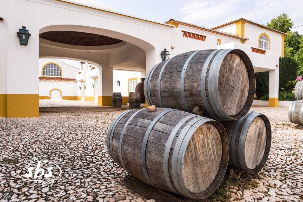 Tre grandi botti di legno sono accatastate in un cortile acciottolato di fronte a un edificio bianco e giallo con porte e finestre ad arco, che evoca il fascino di una cantina tradizionale nella regione dell'Algarve, a Portogallo.