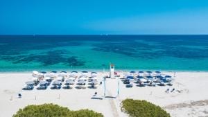Veduta aerea di una spiaggia sabbiosa con file di ombrelloni bianchi e sedie a sdraio che si affacciano su un'acqua limpida e turchese sotto un cielo blu brillante. Al centro si erge una torre di salvataggio, mentre il verde delimita la spiaggia, ripreso da Bozza automatica.