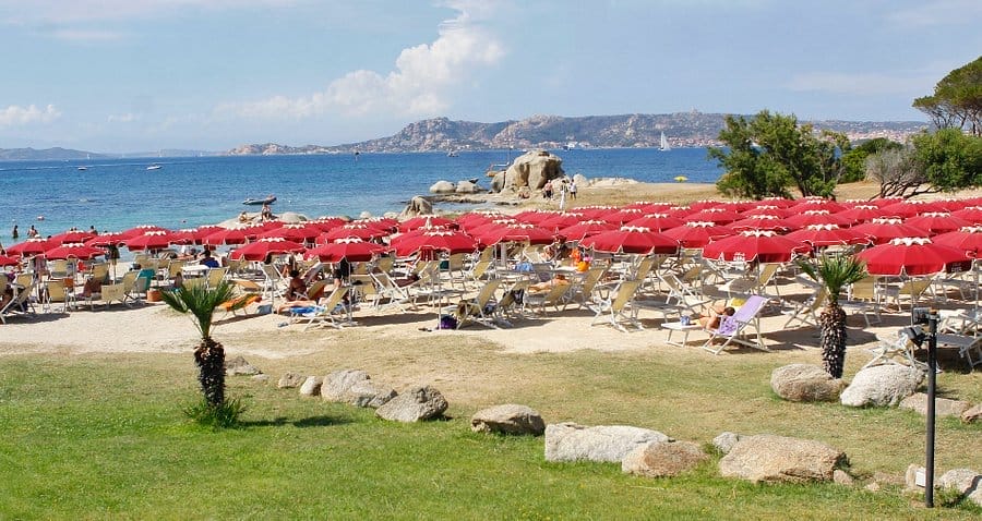 Una scena da spiaggia con file di ombrelloni rossi e sedie a sdraio che si affacciano su un mare blu, alcune persone che si rilassano, colline rocciose e alberi sparsi sullo sfondo e alcune piante di palma in primo piano: una Bozza automatica perfetta per le giornate estive.