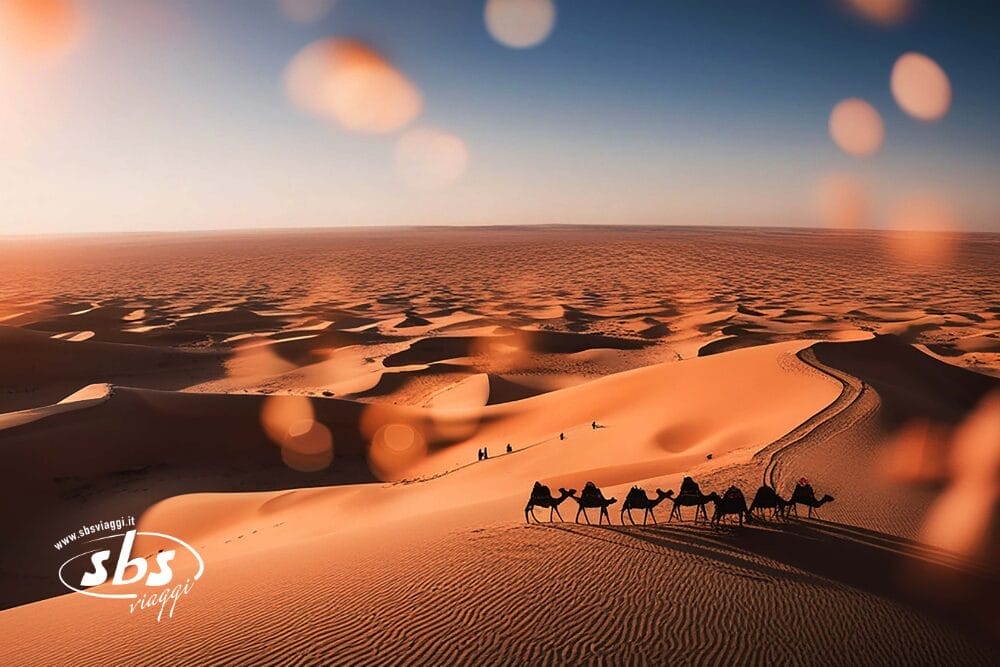 Un gruppo di persone a cavallo di cammelli attraversa dune di sabbia arancione al tramonto durante un Tour Fuga nel Deserto; le loro lunghe ombre si allungano sul vasto paesaggio, mentre leggeri effetti bokeh decorano il cielo limpido.