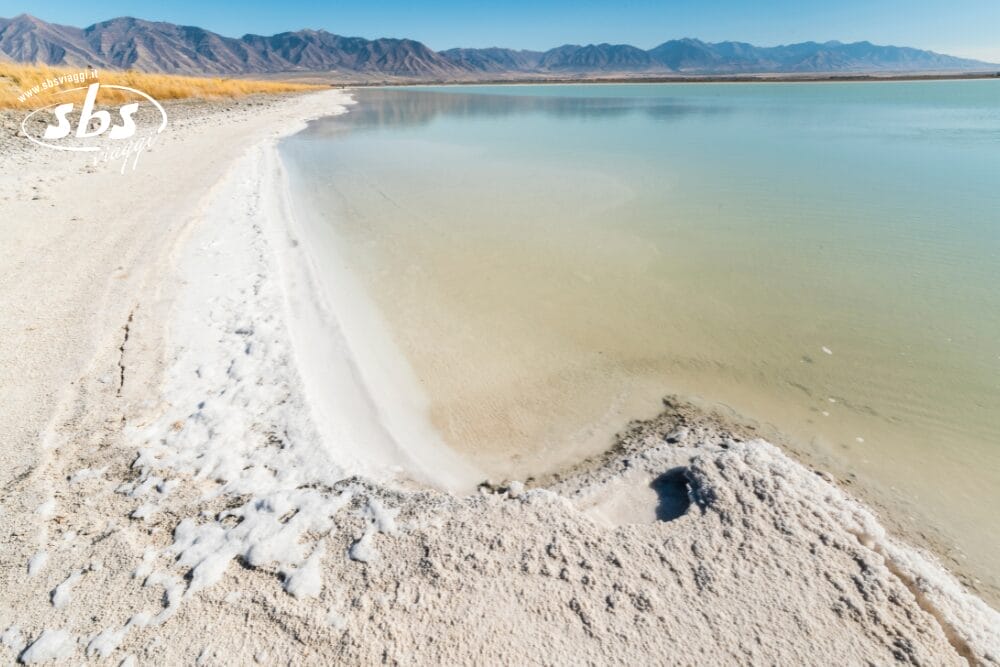 Un litorale con depositi di sale bianco si incurva lungo un lago calmo e poco profondo in Turchia. Le montagne lontane e le erbe secche sono visibili sotto un cielo azzurro e limpido: una scena ispiratrice per SBSViaggi Stile con Voli Inclusi.